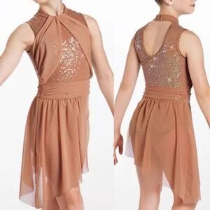 Weissman Dance Costume tan beige dress sequin mesh Hand In Hand 13443 LC